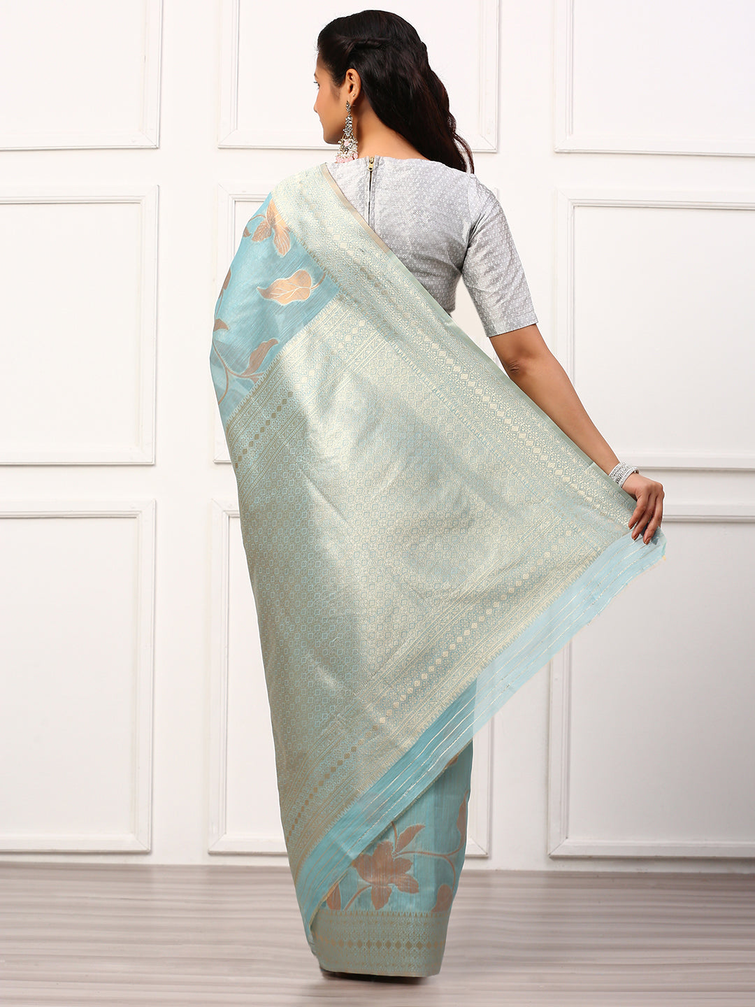 Women Semi Linen Weaving Saree Blue SL147