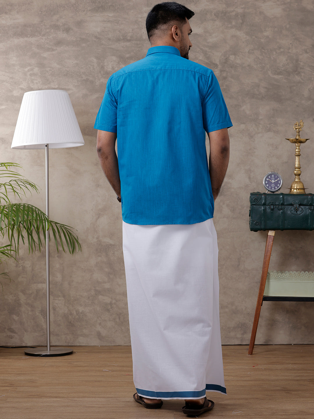 Men Blue Matching Border Dhoti & Half Sleeves Shirt Set Evolution IC4