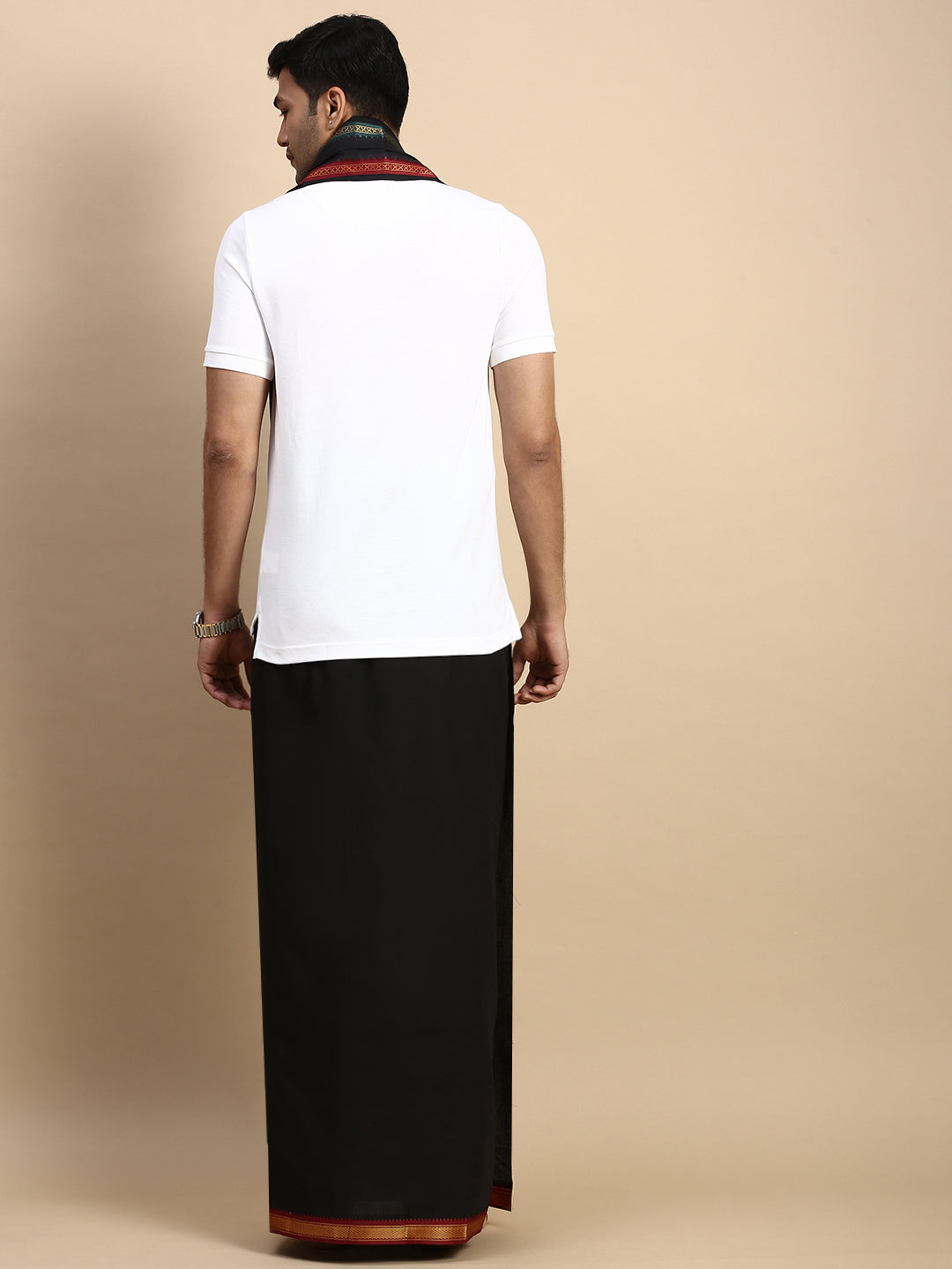 Men Devotional Mayilkhan Border Dhoti with Towel & TShirt Set Black EP1