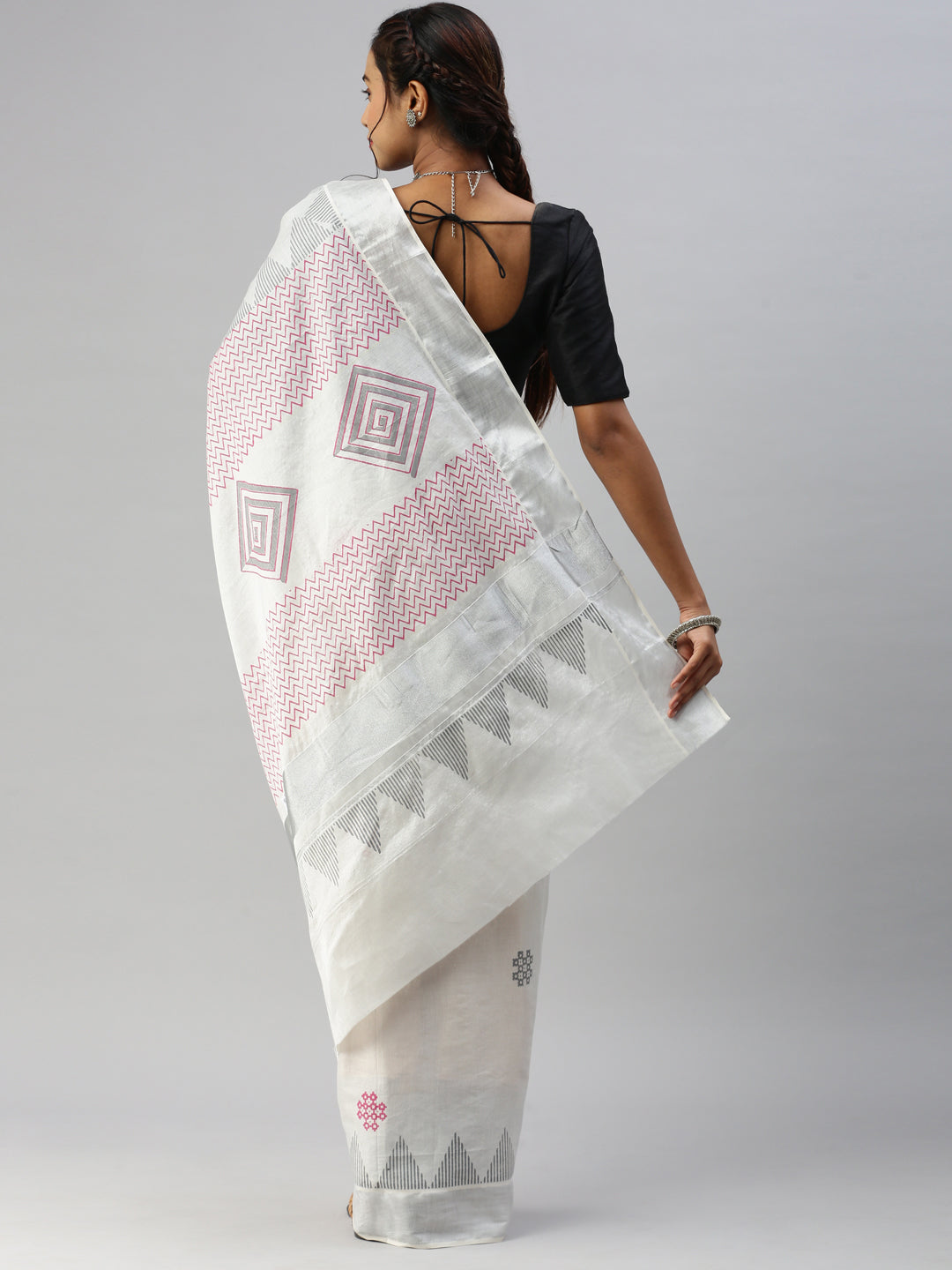 Womens Kerala Tissue Printed Silver Jari Border Saree OKS38-Back view