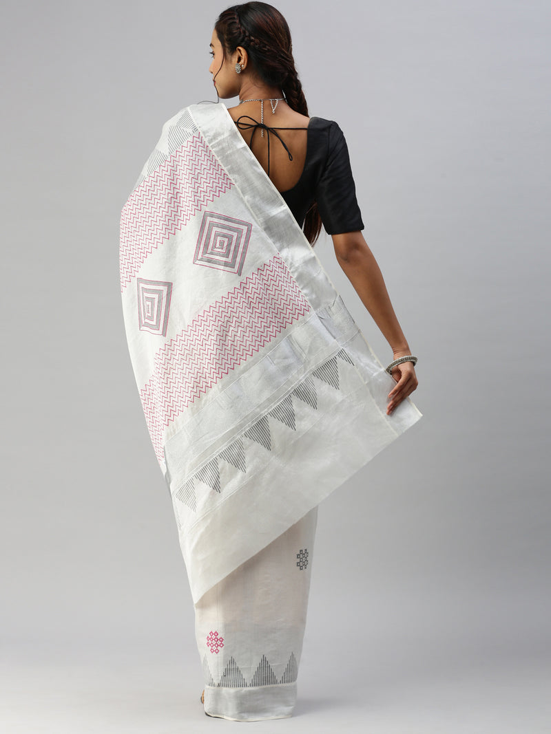 Womens Kerala Tissue Printed Silver Jari Border Saree OKS38