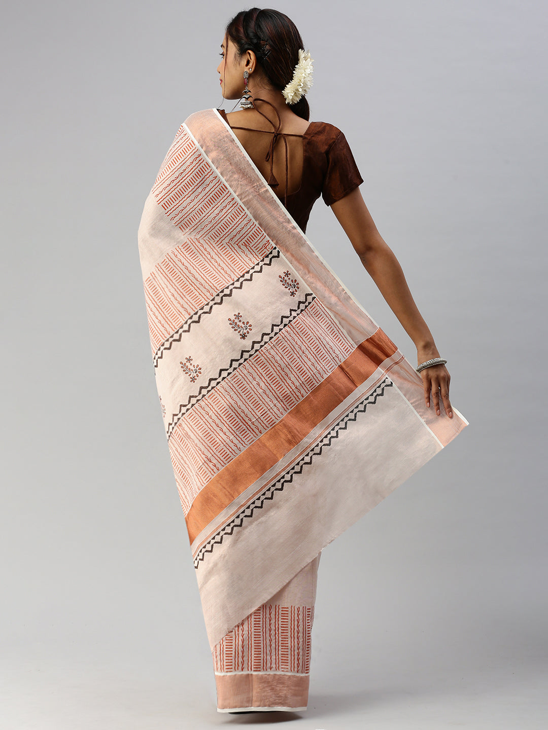 Womens Kerala Copper Tissue Printed Saree with Zari Border OKS32-Back view