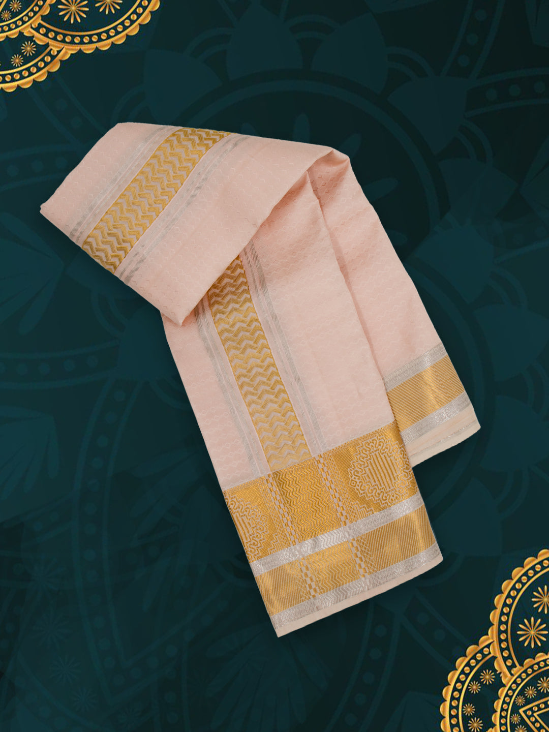 Men Pure Silk Peach Dhoti & Towel Set with 4" inch Silver Jari Border TKC14