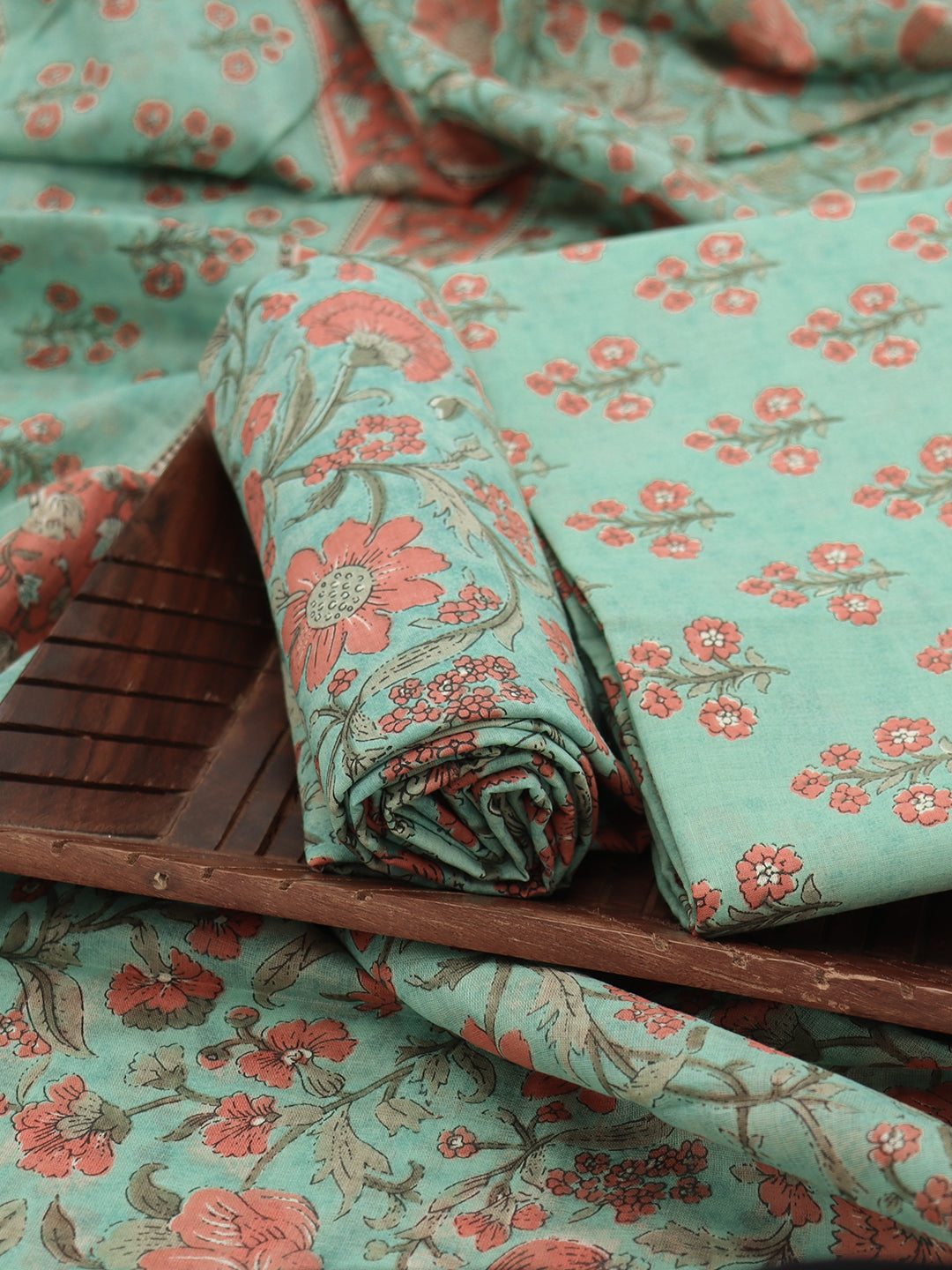 Women Pure Cotton Printed Dress Material Green with Orange DM338