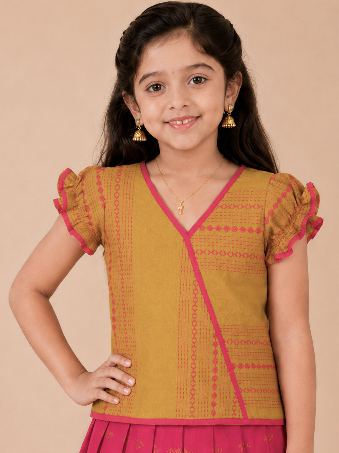 Girls Cotton Mustard Pattu Pavadai Set GPS47