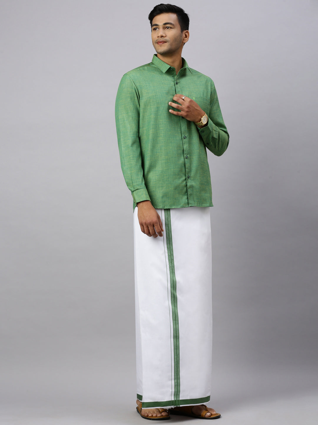 Mens Evolution Green Matching Border Dhoti & Full Sleeves Shirt Set