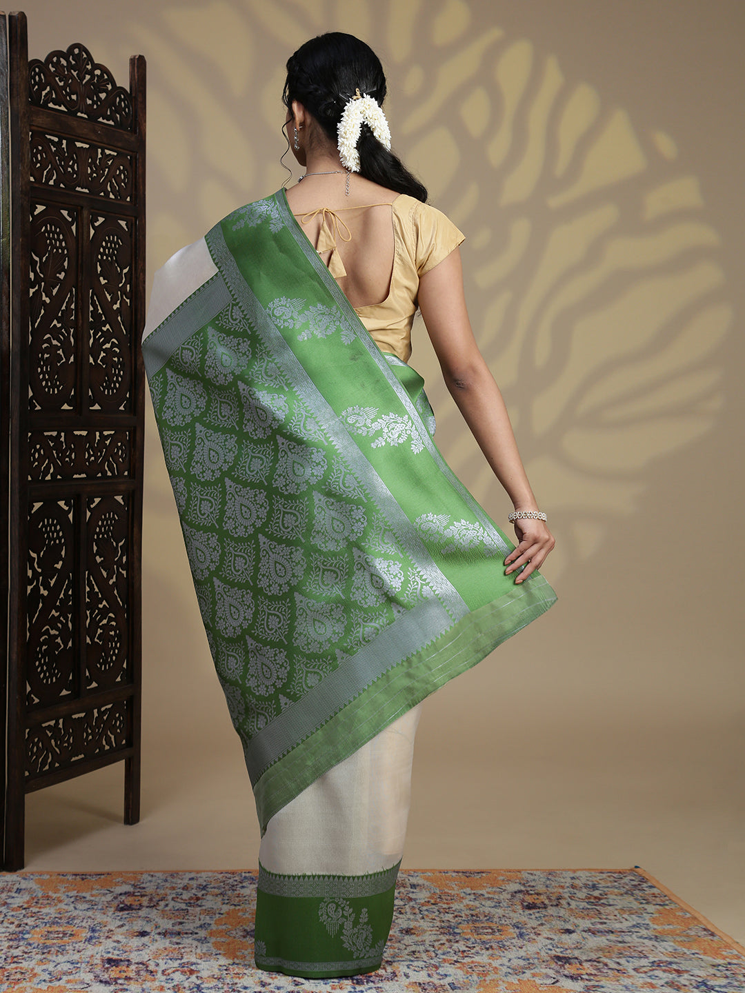 Women Silver Tissue Saree with Green Border TS63