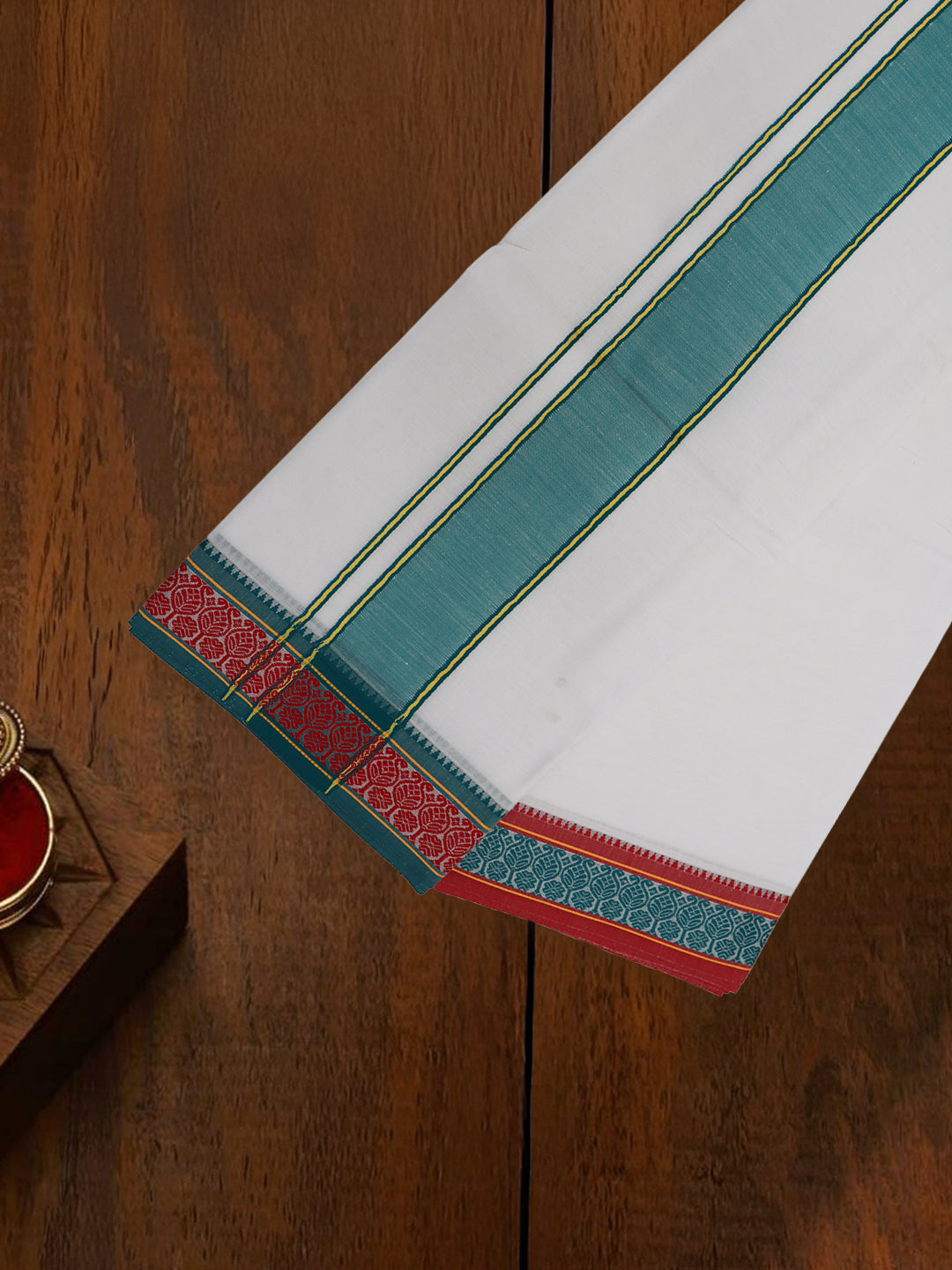 Men Cotton Pine Green Fancy Border Panchakacham with Angavasthram Keerthisena (9+5) KS06