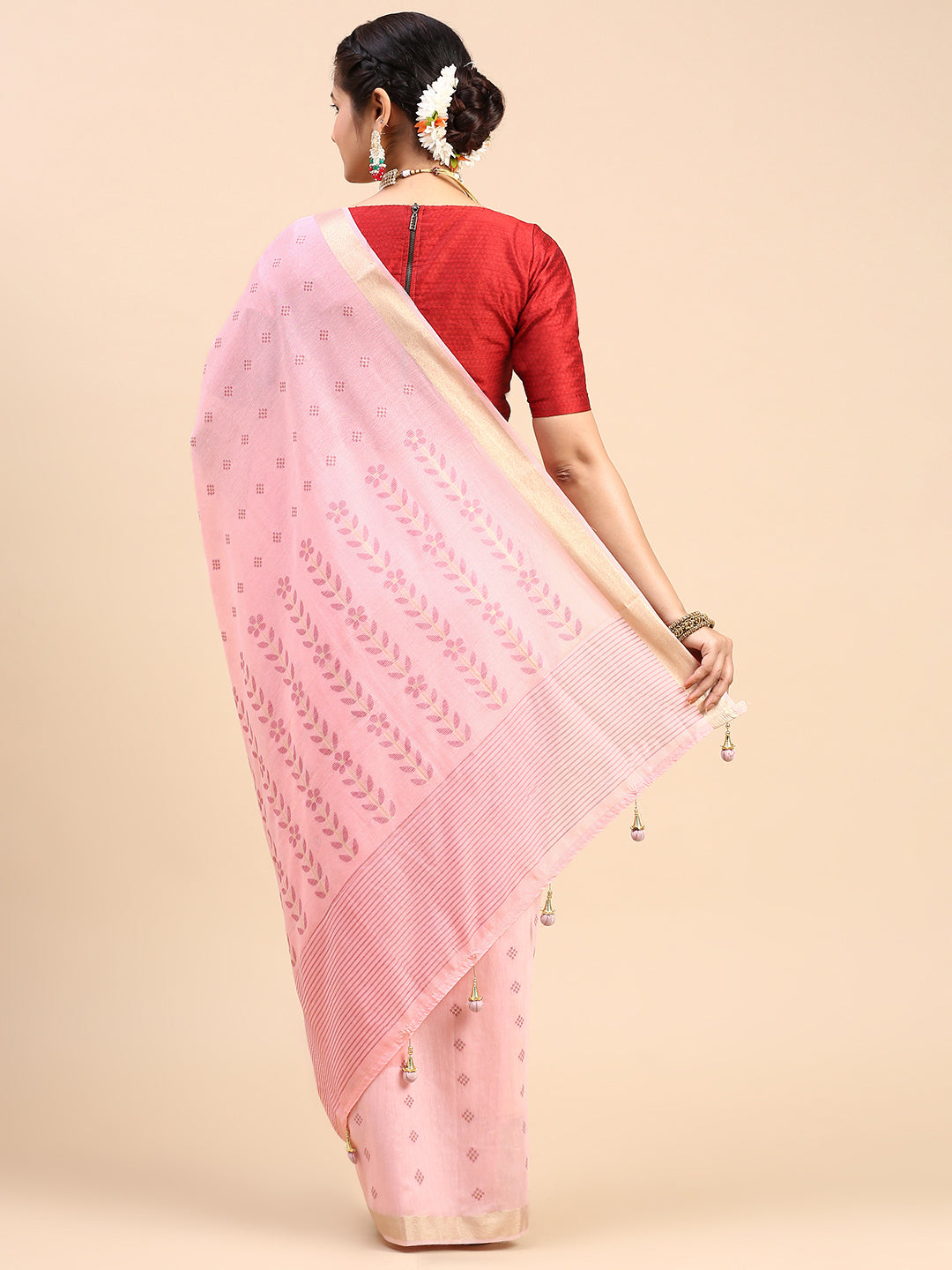 Women Semi Linen Weaving Saree Pink SL150