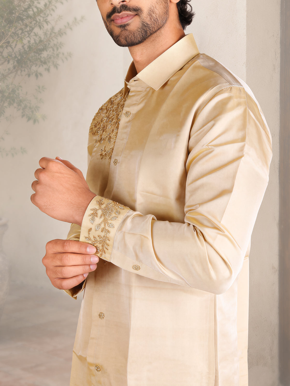 LAGNAA Premium Pure Tussar Silk Hand Embroidered Regal Leaf Chest Motif Designer Shirt & Dhoti Set | Mahavara