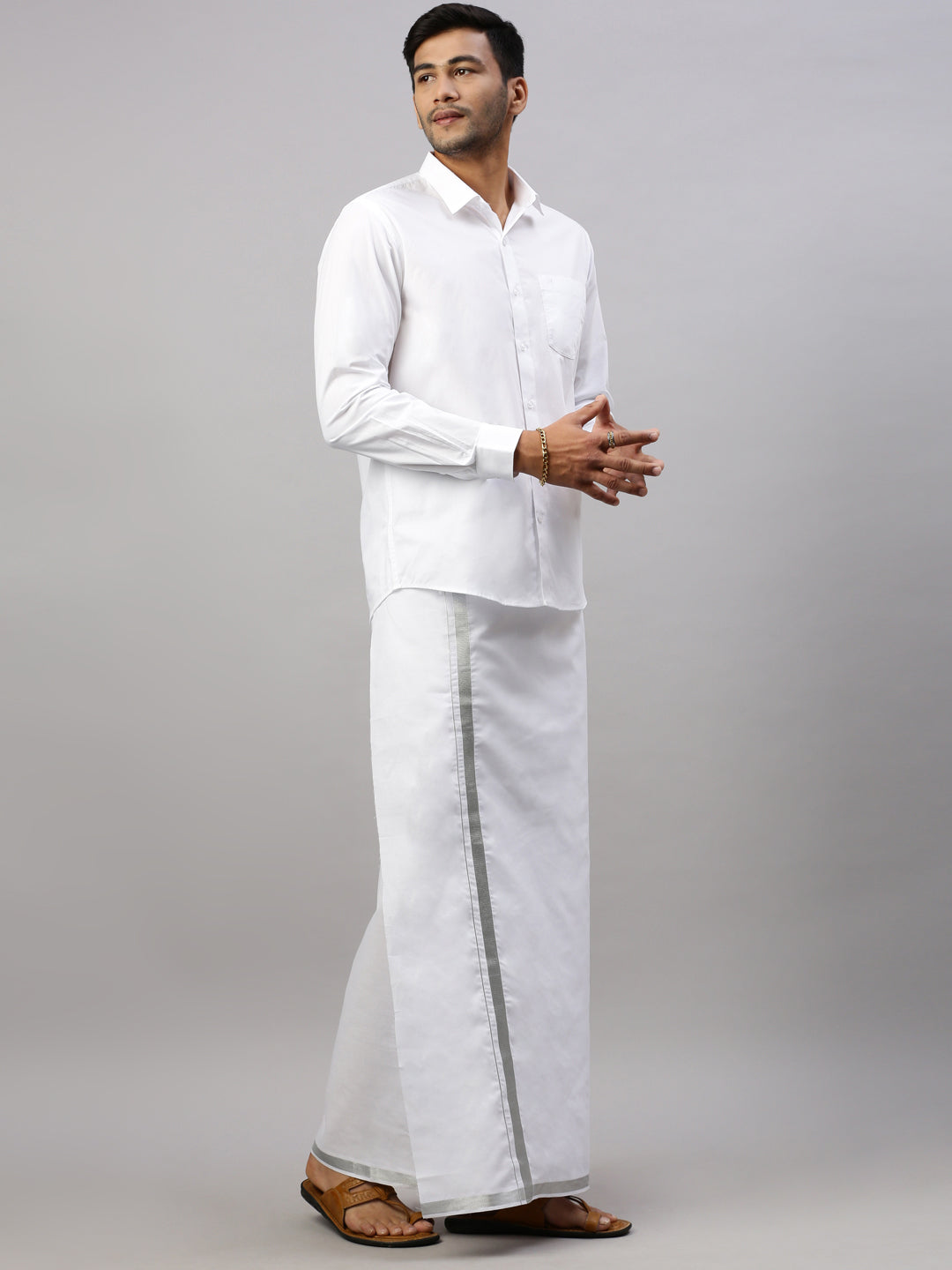 Mens Double Dhoti White with Silver Jari 3/4" Silver Star Fine