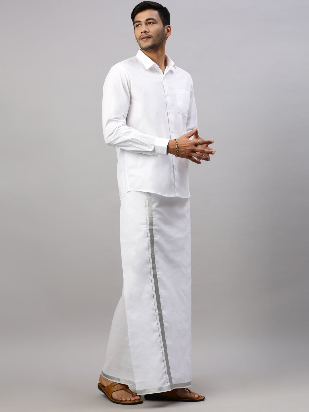 Mens White with 3/4" Silver Jari Border Double Layer Dhoti  Silver Star Fine