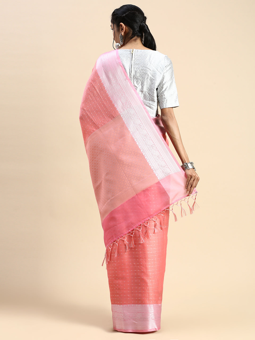 Matching Dhoti Shirt & Semi Kora Cotton Saree Couple Combo Pink-Saree back view