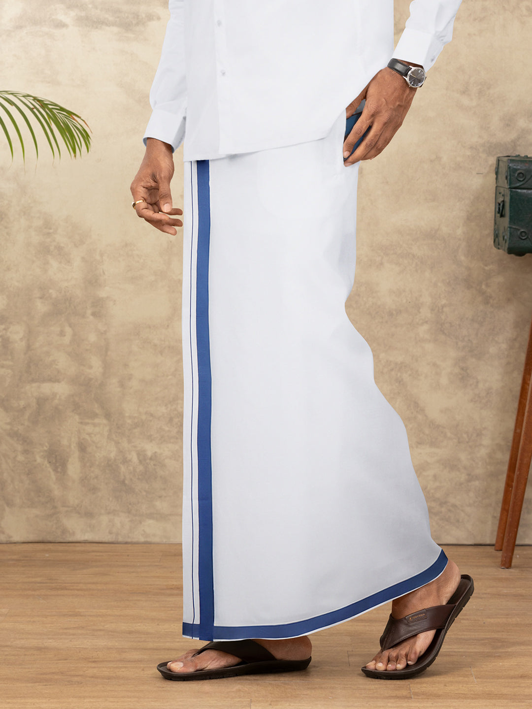 Men Cotton Blend Readymade Single Layer White Dhoti with Big Border GACS17