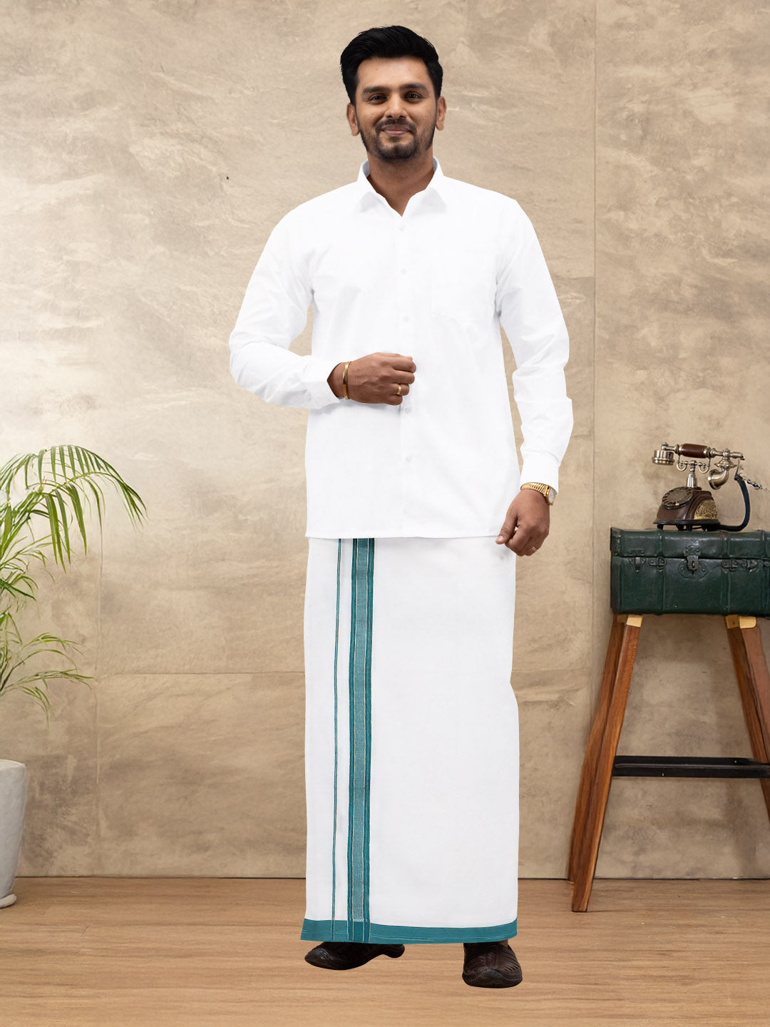 Men 100% Cotton Double Layer White Dhoti with Fancy Jari Border EJF14
