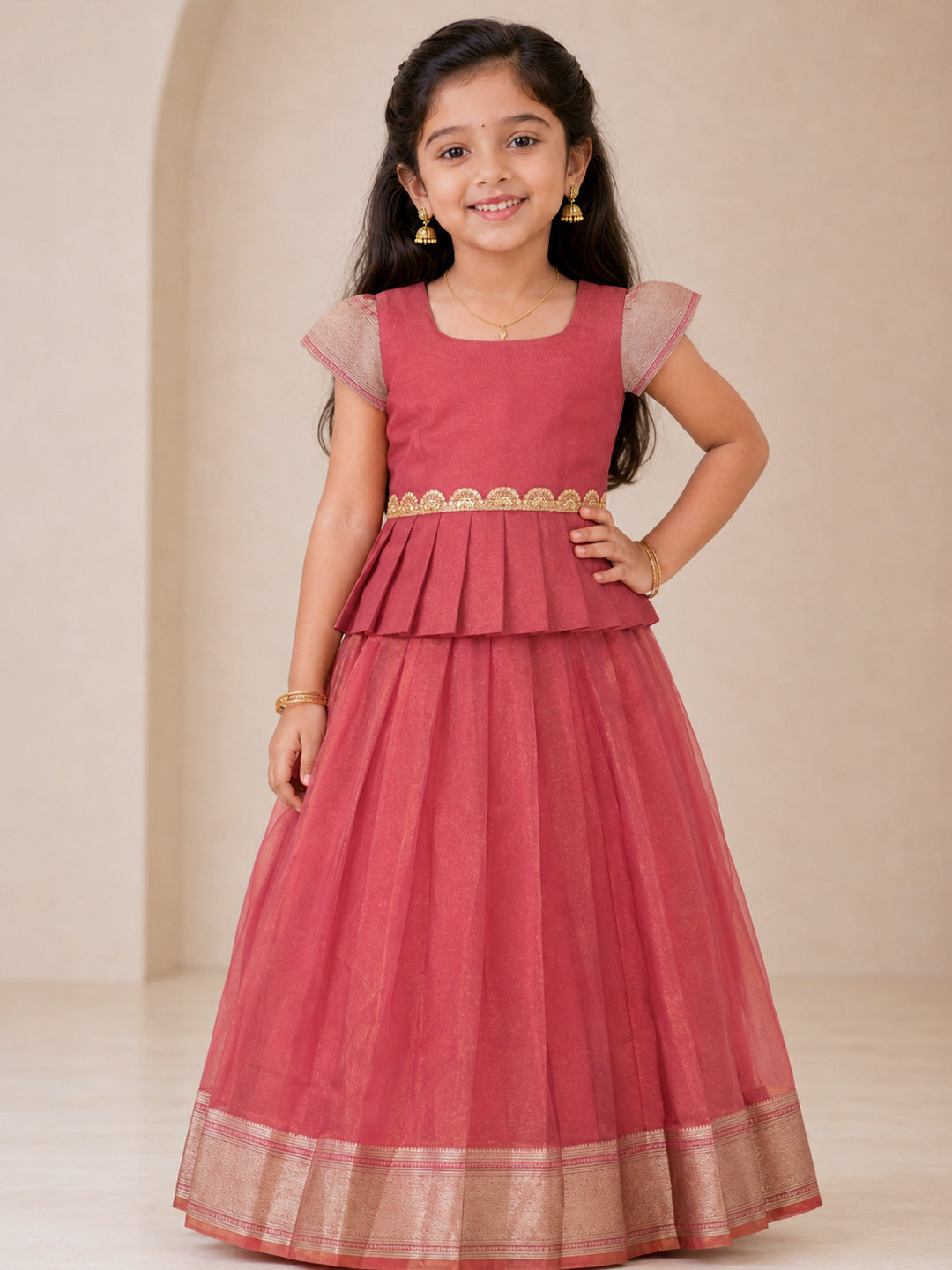 Girls Tissue Maroon Pattu Pavadai Set GPS42