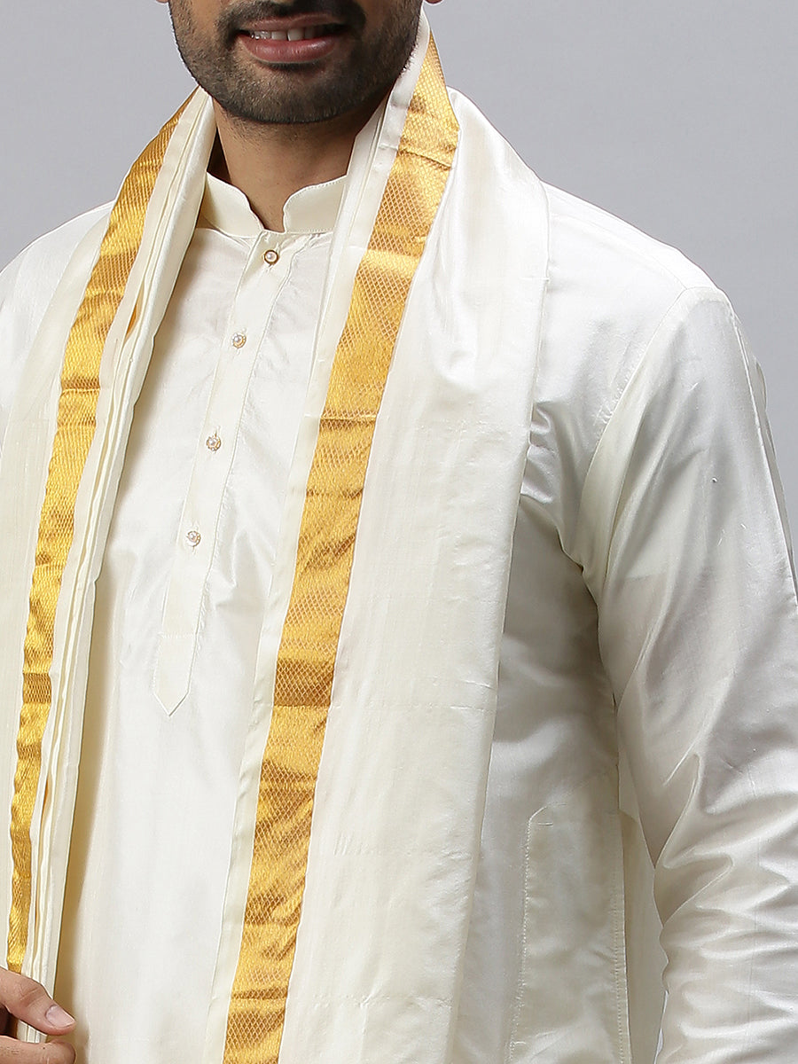 Men Silk Cream with Gold Jari Border Readymade Panchakacham & Towel Set 60K