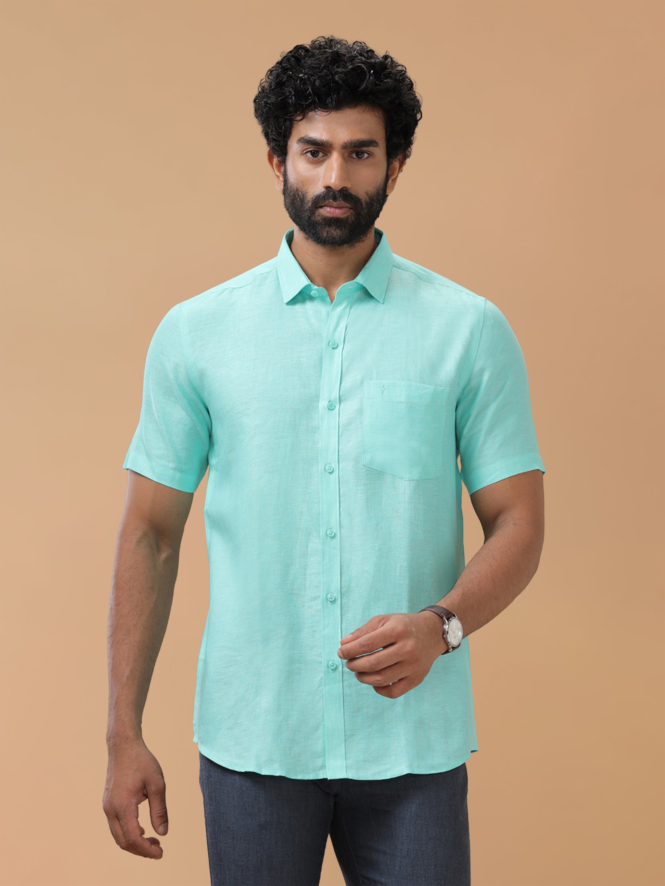 Pure Linen Light Cyan Smart Fit Shirt L13