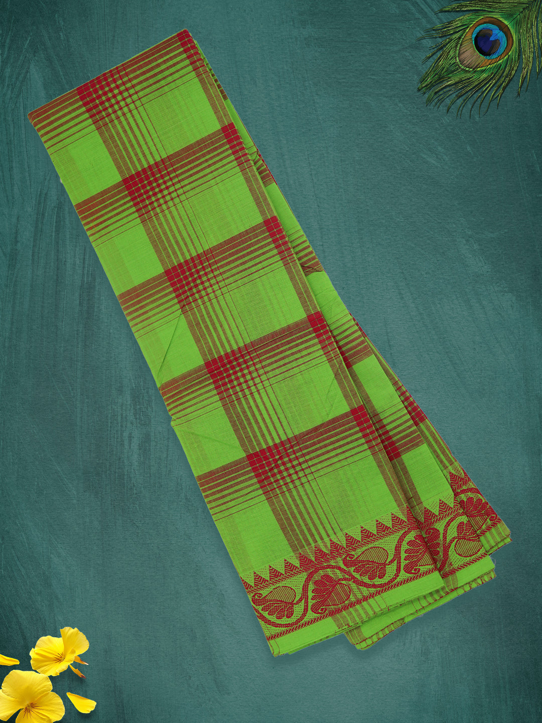 Women Parrot Green Checks Pure Chettinad Cotton Saree PCS232