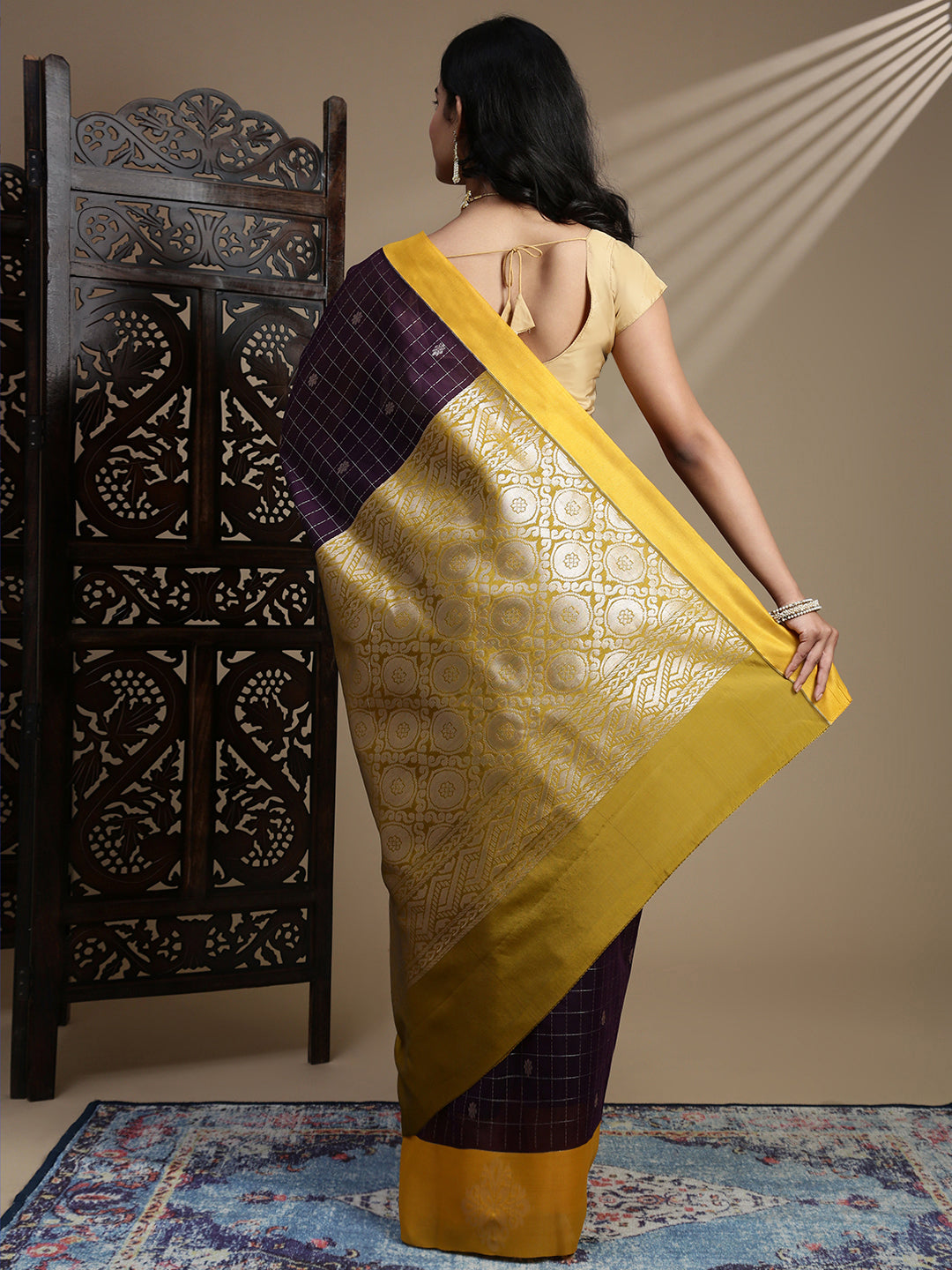 Women Kora Cotton Dark Purple Saree SK121