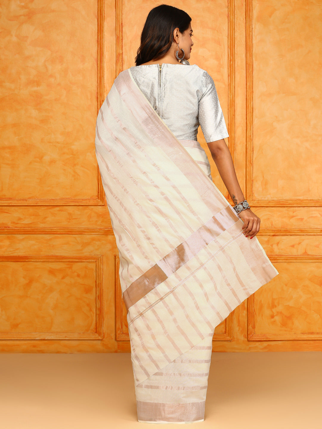 Kerala Cream Copper Jari Weaving Saree KS119