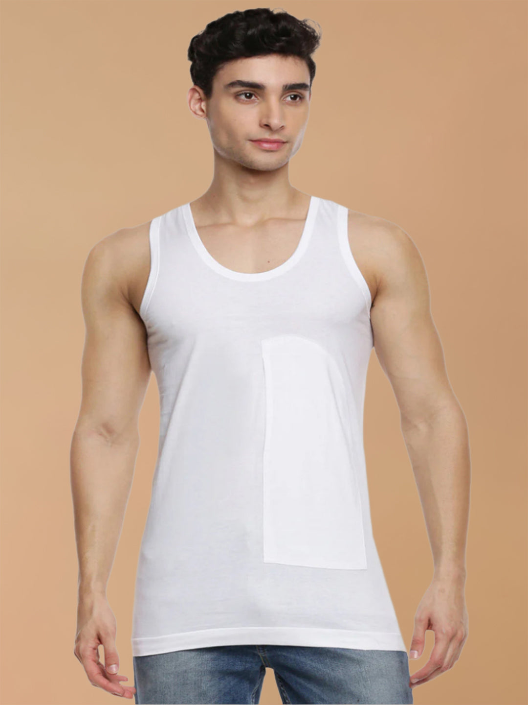 100% Combed Cotton White Pocket Vest RN Sukra (Pack of 2)