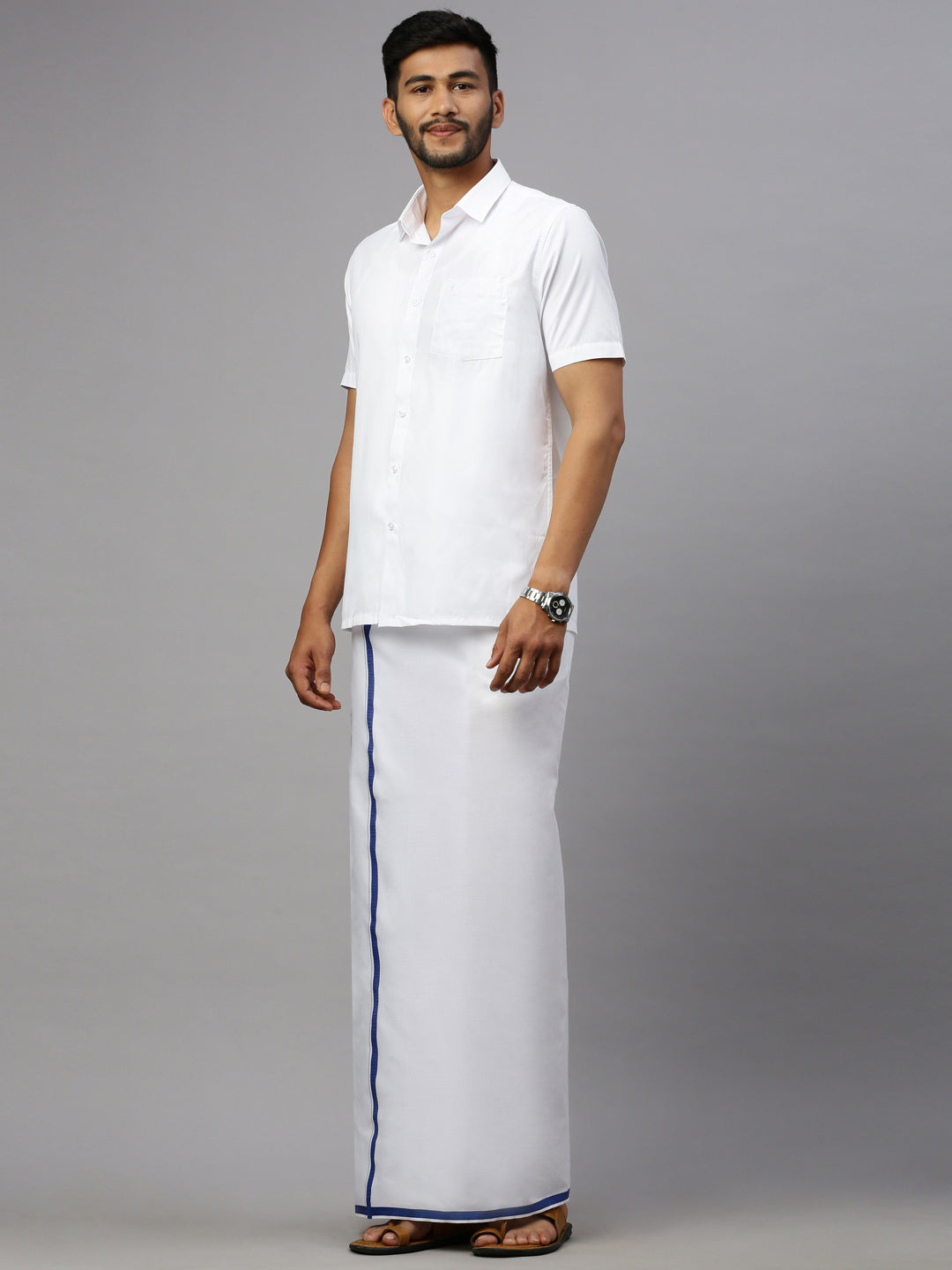 Men Blue Border Single Dhoti White Marina