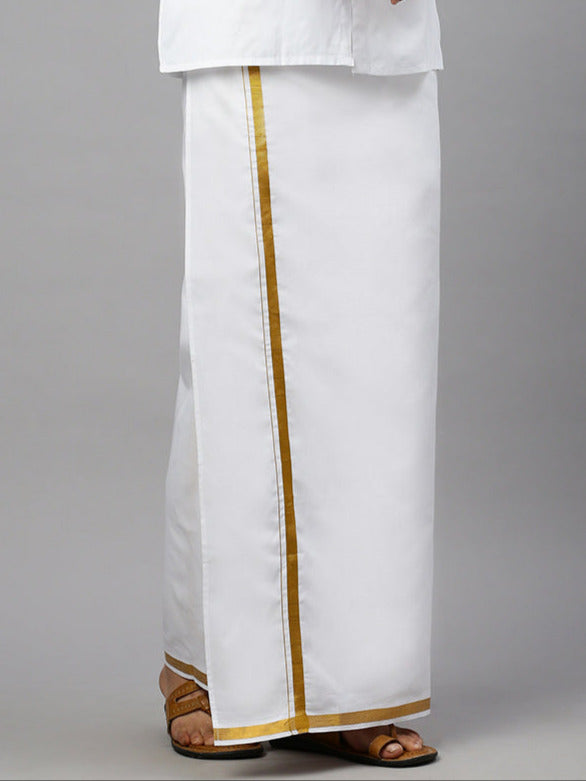 Men Wrinkle Free White Full Sleeves Shirt with 3/4'' inch Gold Jari Double Dhoti Combo