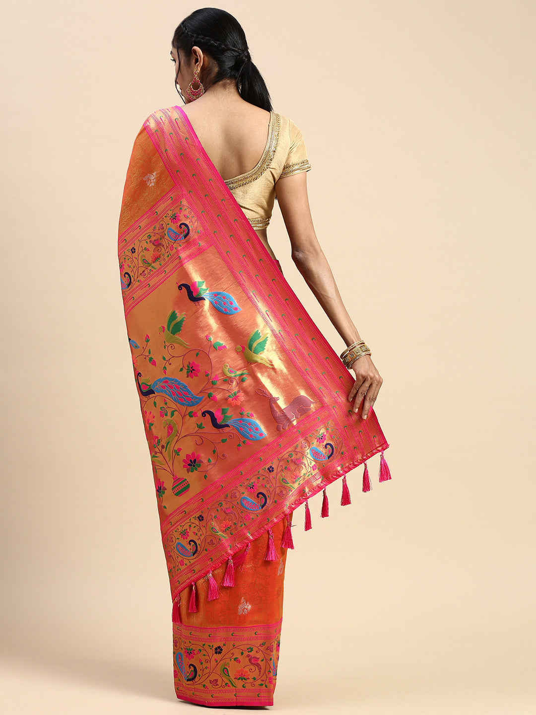 Womens Semi Silk Peacock Design Orange & Pink Saree ASP06