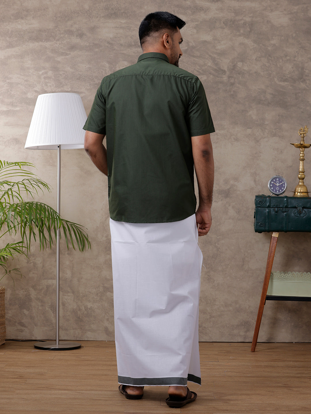 Mens Green Matching Border Dhoti & Half Sleeves Shirt Set Evolution IC8