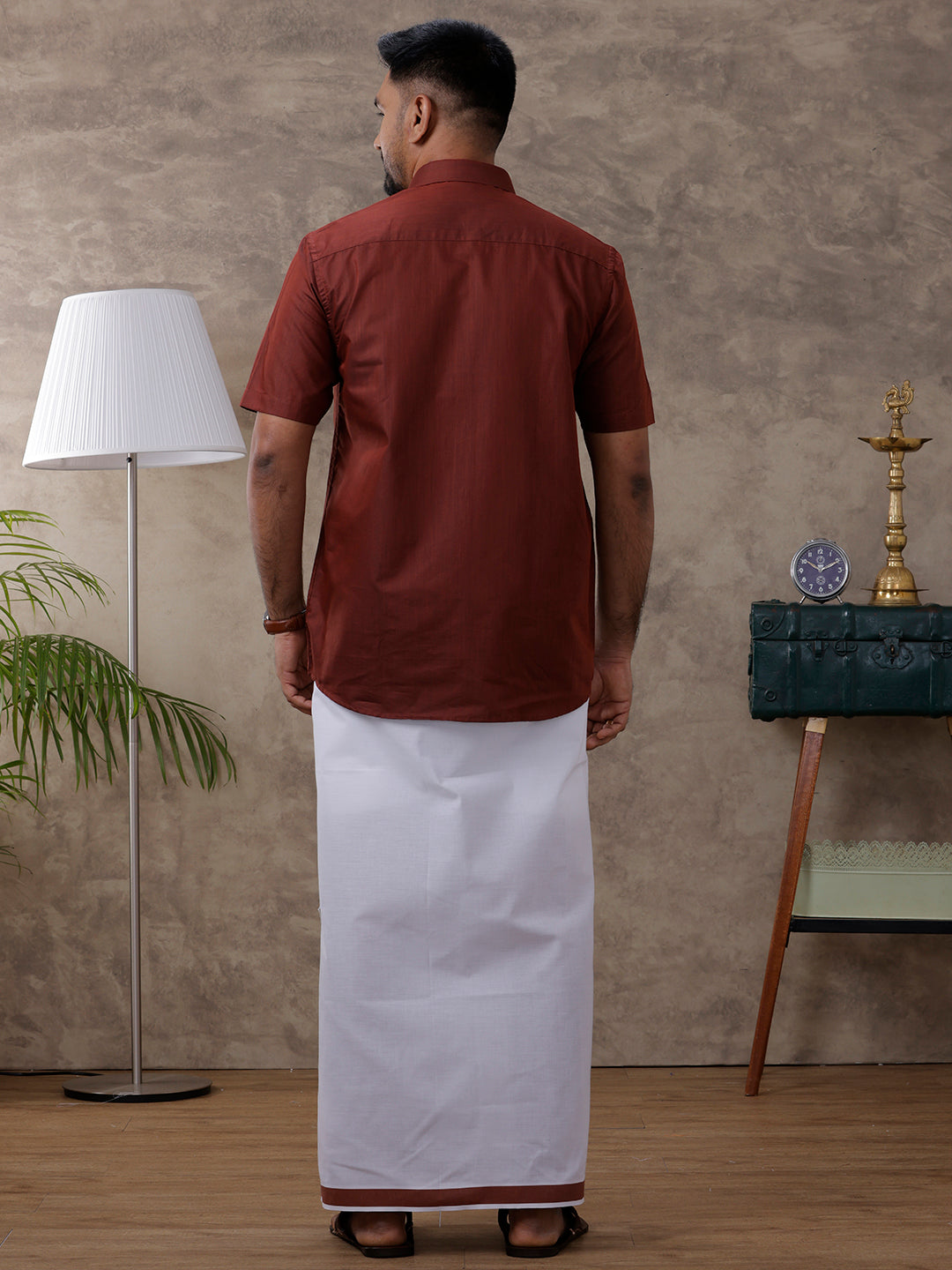 Men Brown Matching Border Dhoti & Half Sleeves Shirt Set Evolution IC7