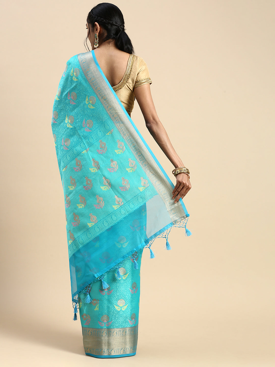 Semi Kora Cotton Allover Design Saree Green & Sky Blue with Zari Border SKCW06-Back view