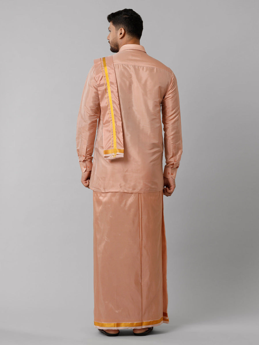 Mens Art Silk Copper Shirt Dhoti Towel Set Swayamvara-Back view