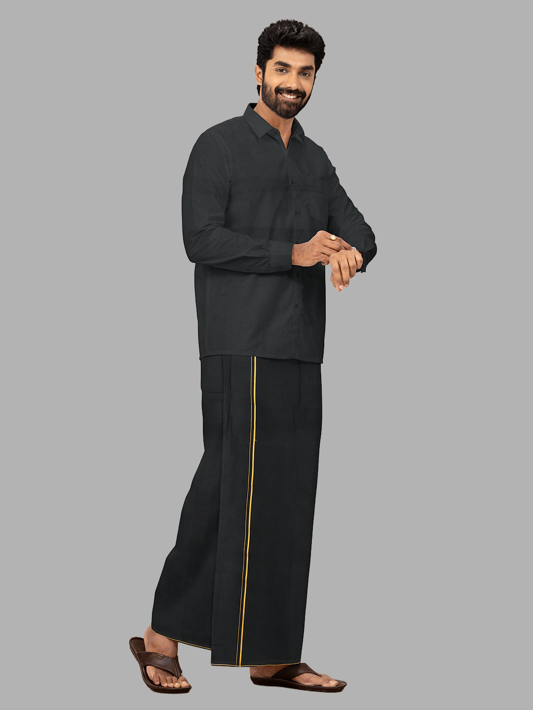 Men Cotton Blend Single Layer Black Dhoti & Towel Set with Yellow Small Border Sudhan