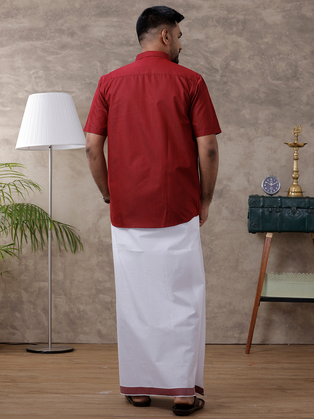 Men Dark Red Matching Border Dhoti & Half Sleeves Shirt Set Evolution IC9