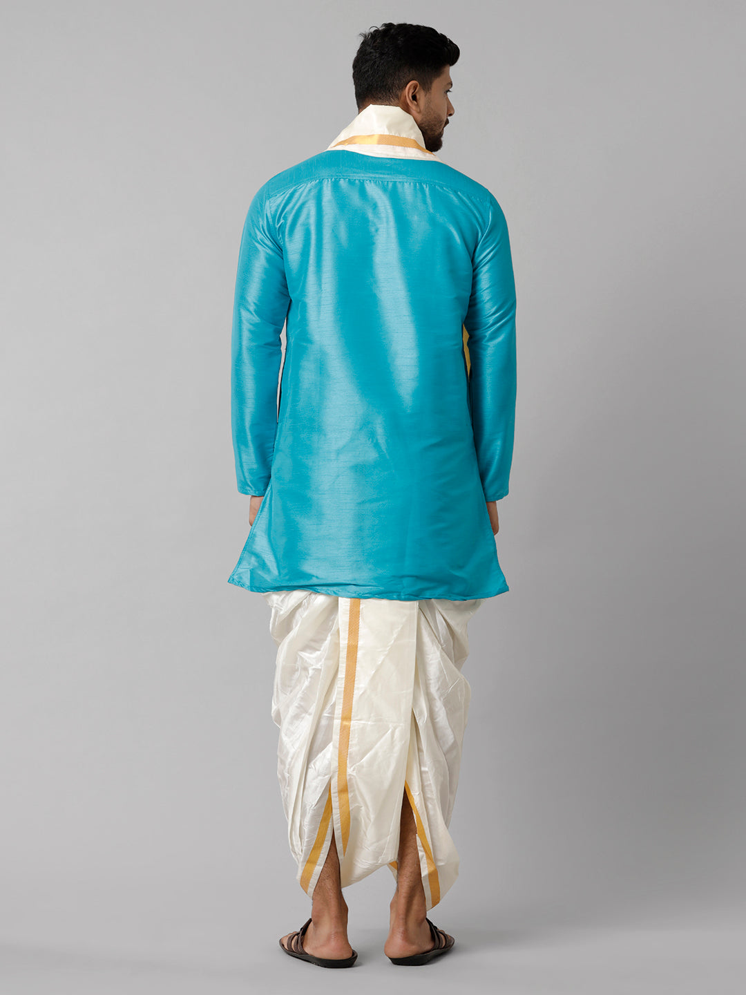 Mens Polyster Sky Blue Medium Length Kurta with Art Silk Panchakacham Towel Combo SL02-Back view