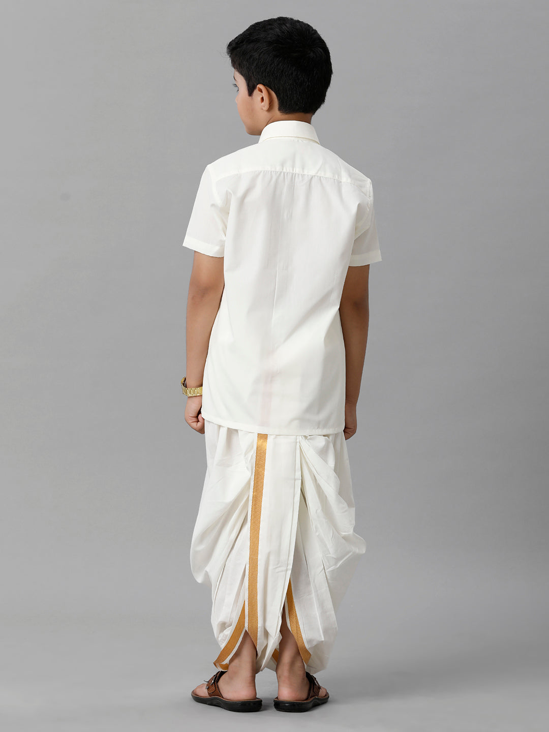 Boys Cotton Cream Half Sleeves Shirt Panchakacham Combo-Back view