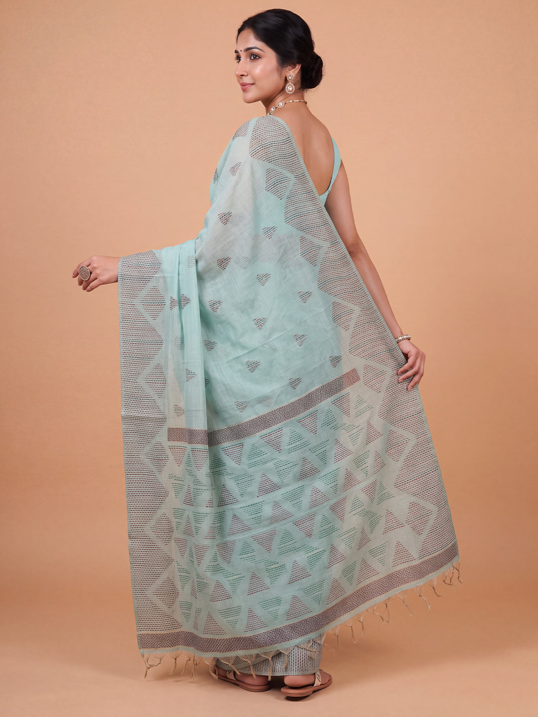 Women Kora Cotton Mint Green Printed Saree KC05