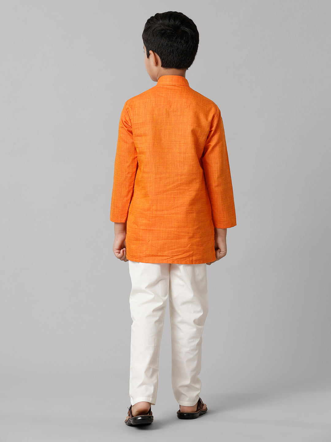 Boys Cotton Full Sleeves Orange Kurta with Cream Pyjama Pant Combo FS3-Back view
