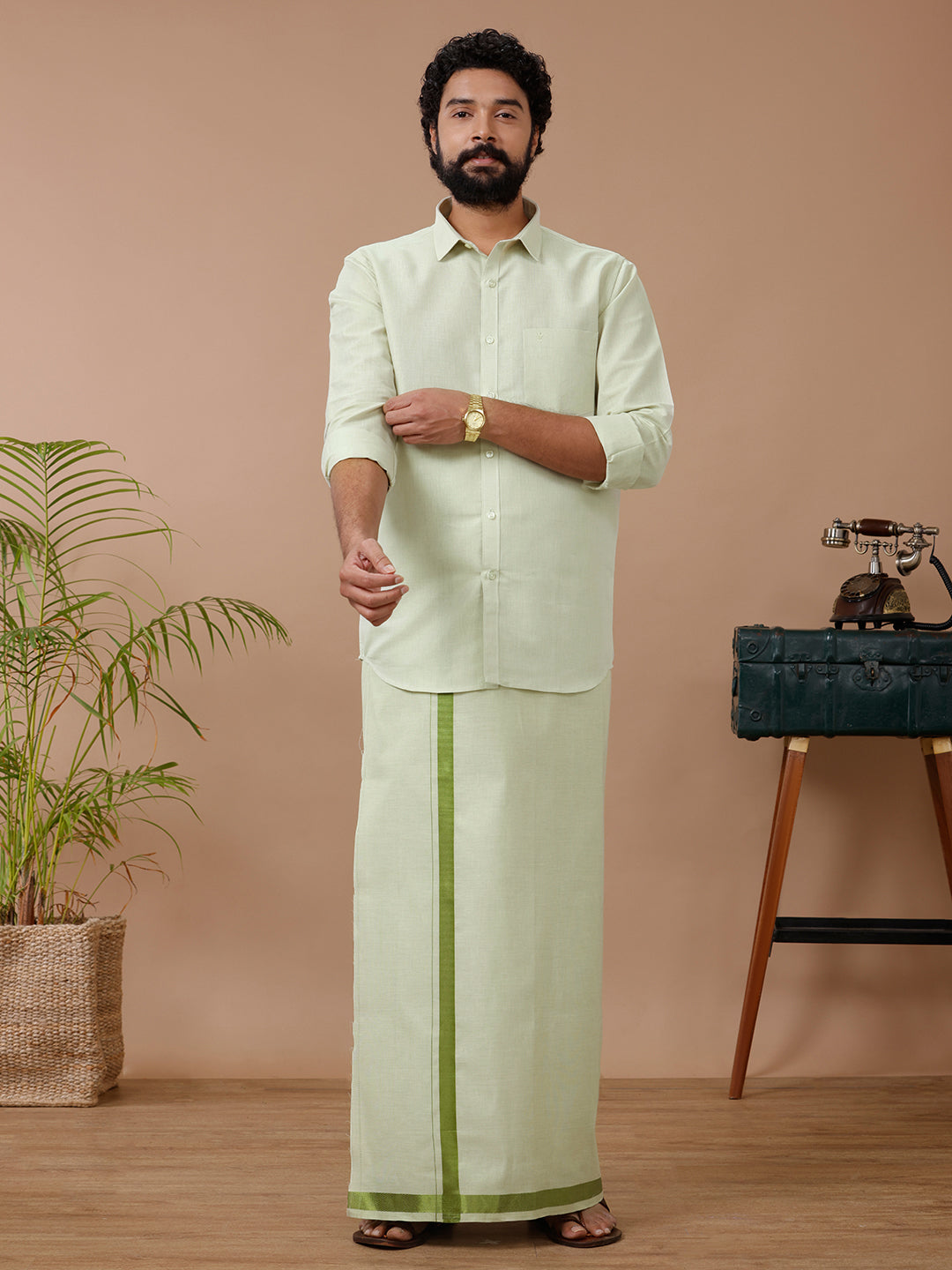 Couple Combo Shirt & Dhoti Set with Saree Green