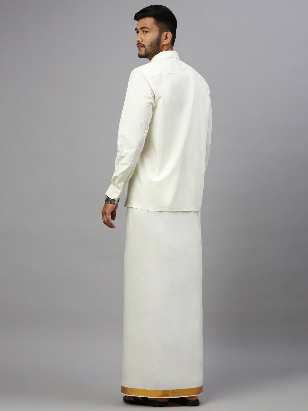 Men  100% Cotton Double Layer Cream Dhoti with 1 1/2" Jari Border Gold Fine Plain