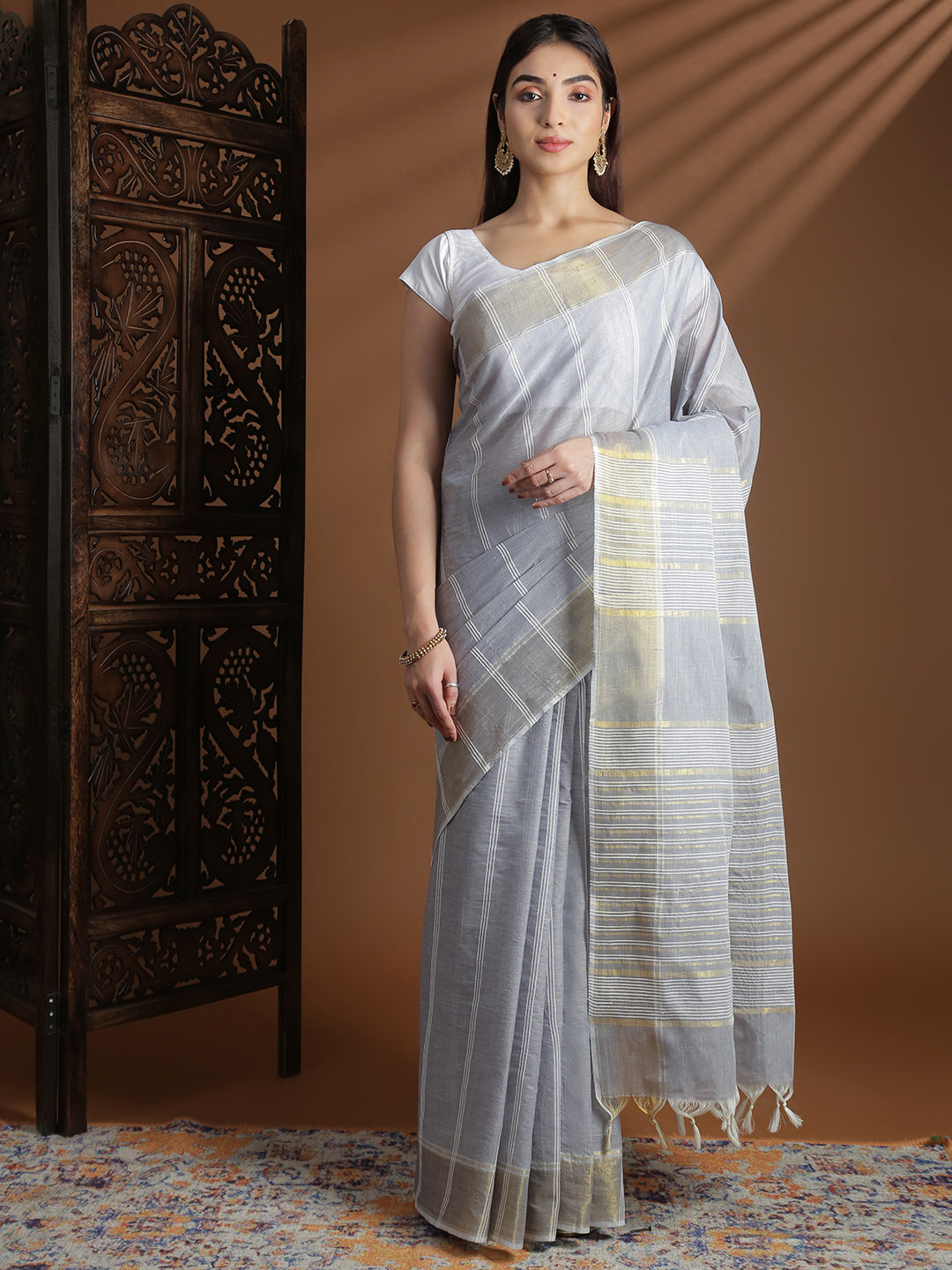 Women Grey Striped Cotton Jute Saree CJ07