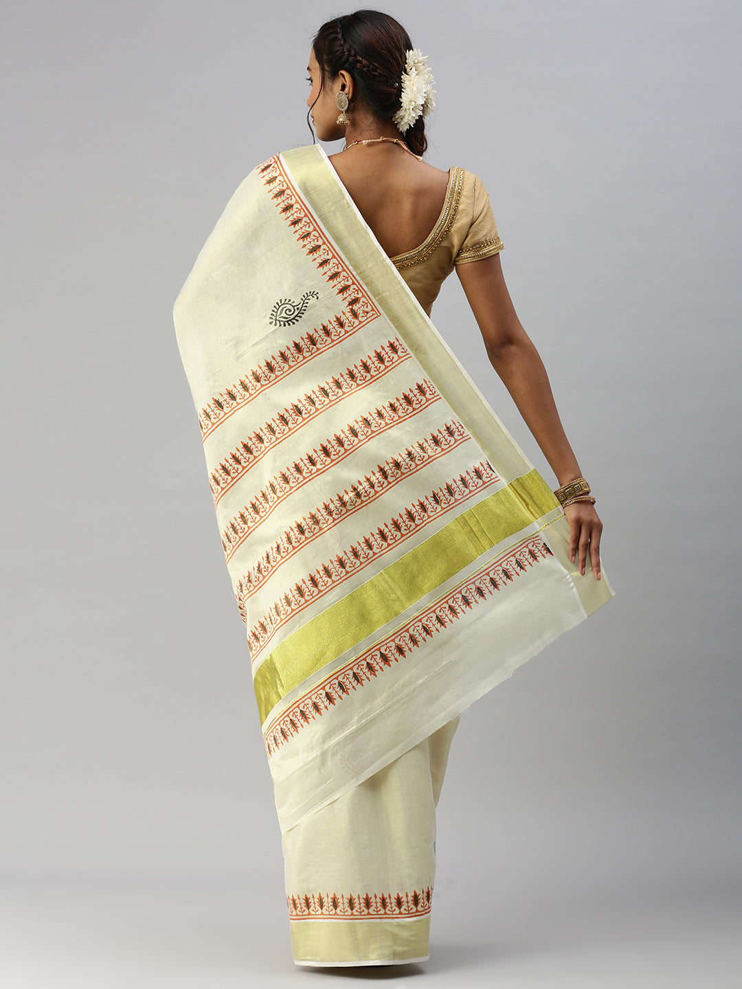 Womens Kerala Tissue Printed Gold Jari Border Saree OKS26-Back view
