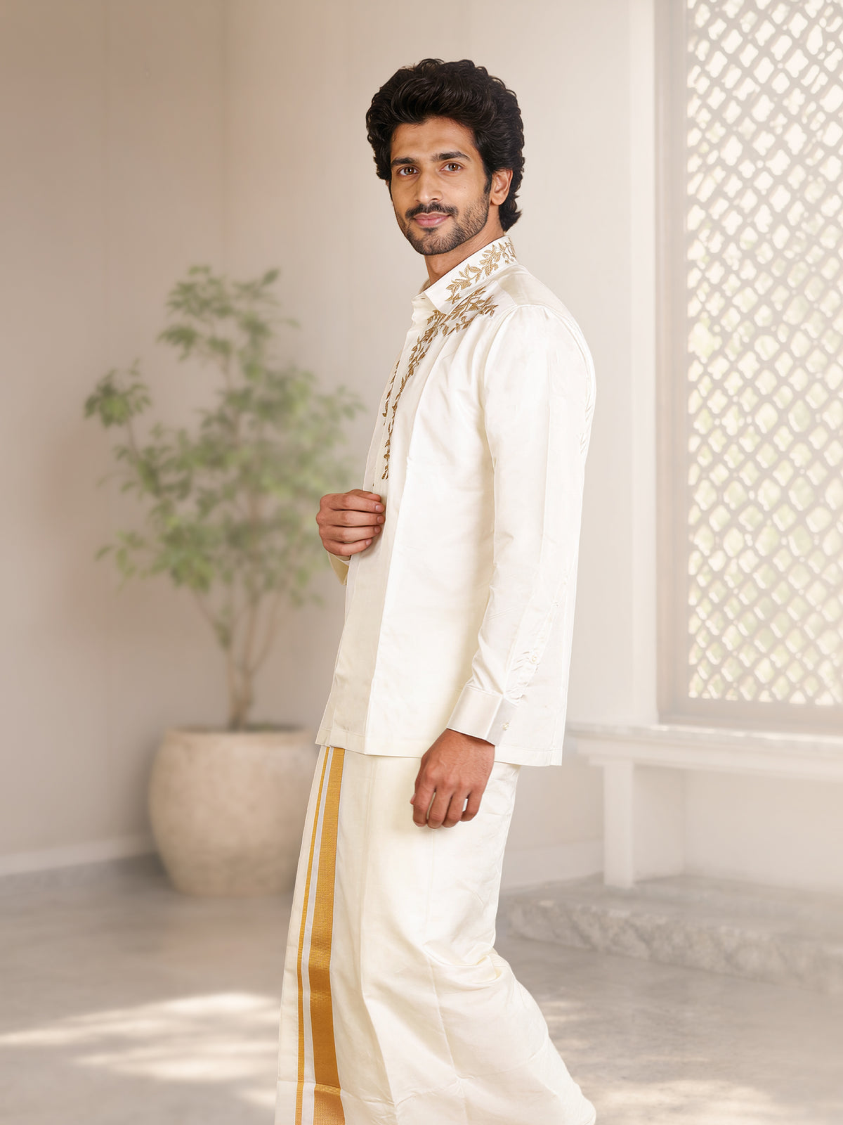 LAGNAA Premium Pure Silk Hand Embroidered Designer Shirt & Dhoti Set with Double Sided Leaf Vine Jari Work | Astra Varman