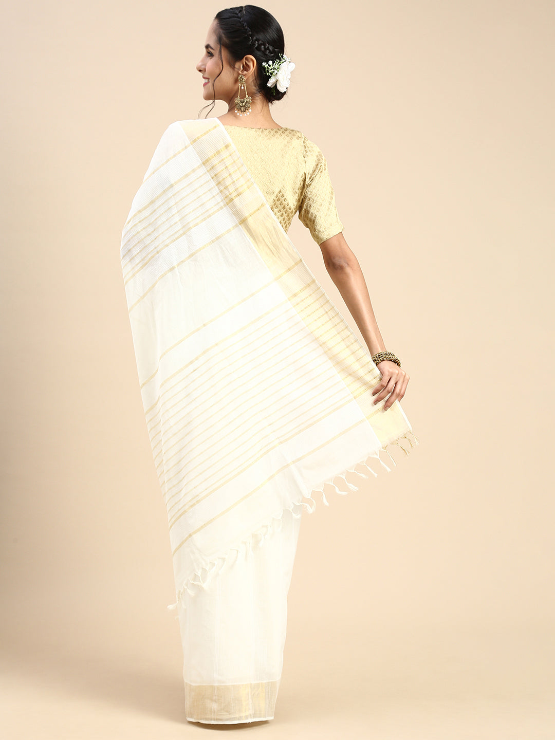 Women Cotton Jute White Striped Saree CJS01-Back view