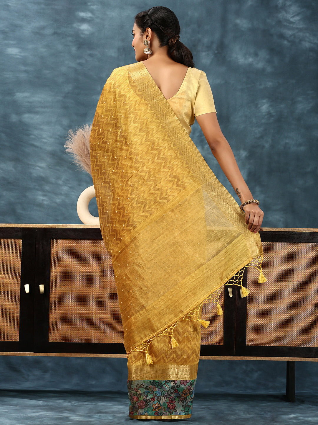 Women Semi Tussar Printed Saree Yellow ST165