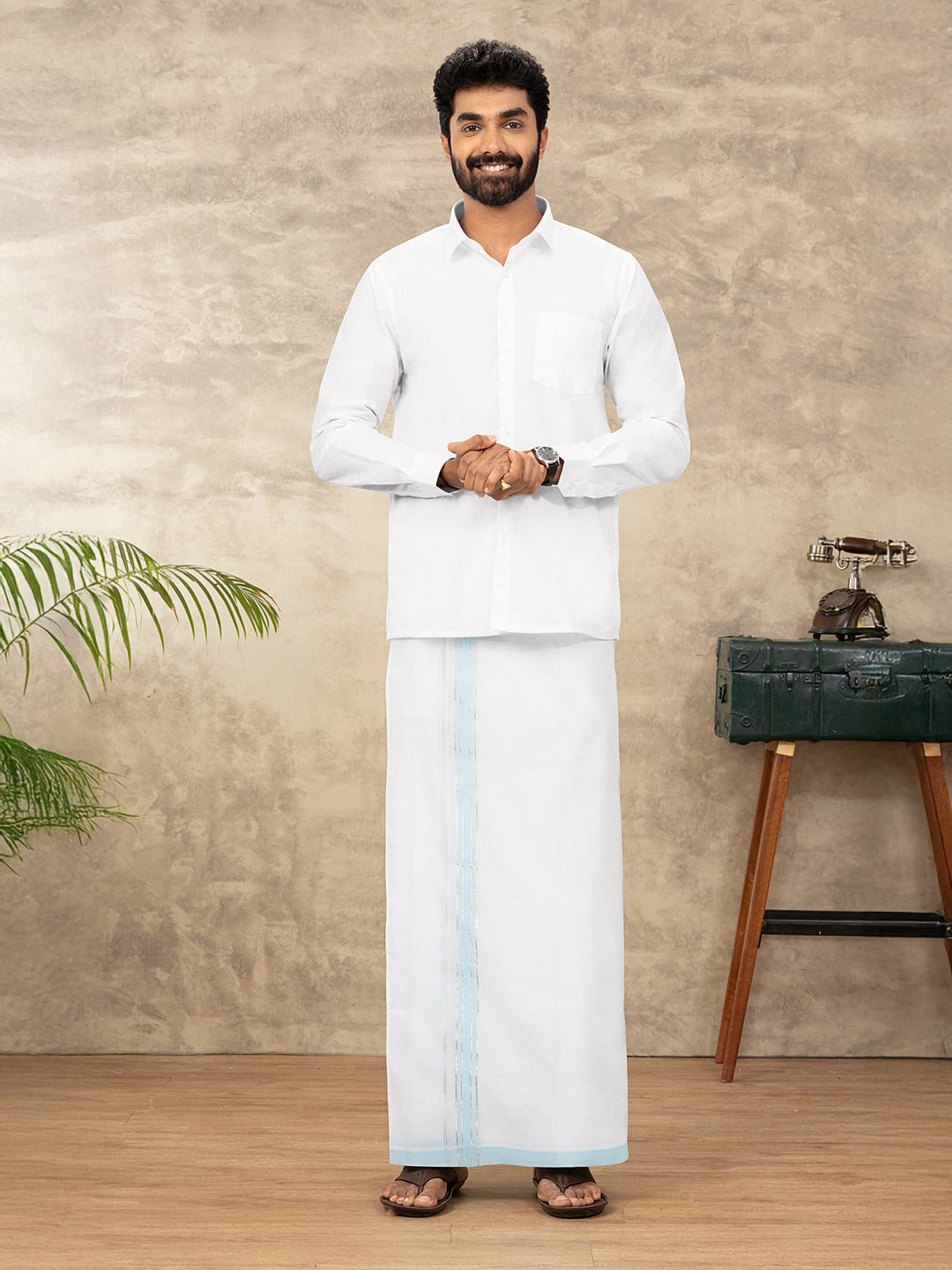 Men 100% Cotton Double Layer White Dhoti with Fancy Jari Border EJF18