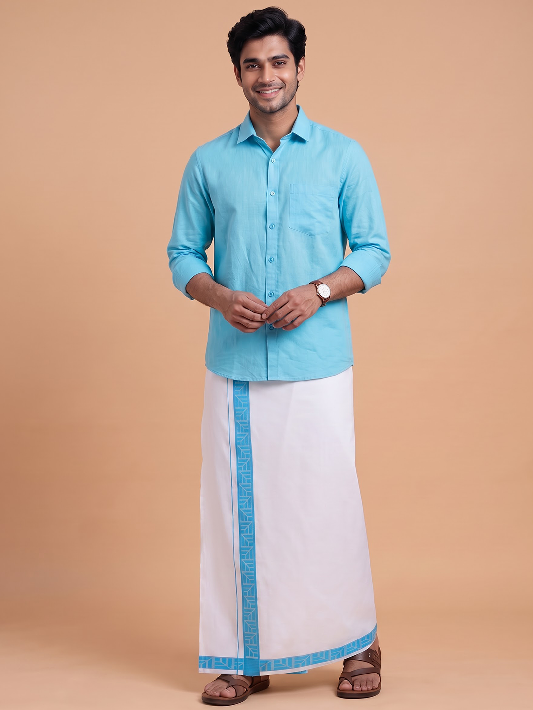 Single Layer Cotton Blend White Dhoti With Blue Jacquard Design Border ELC01