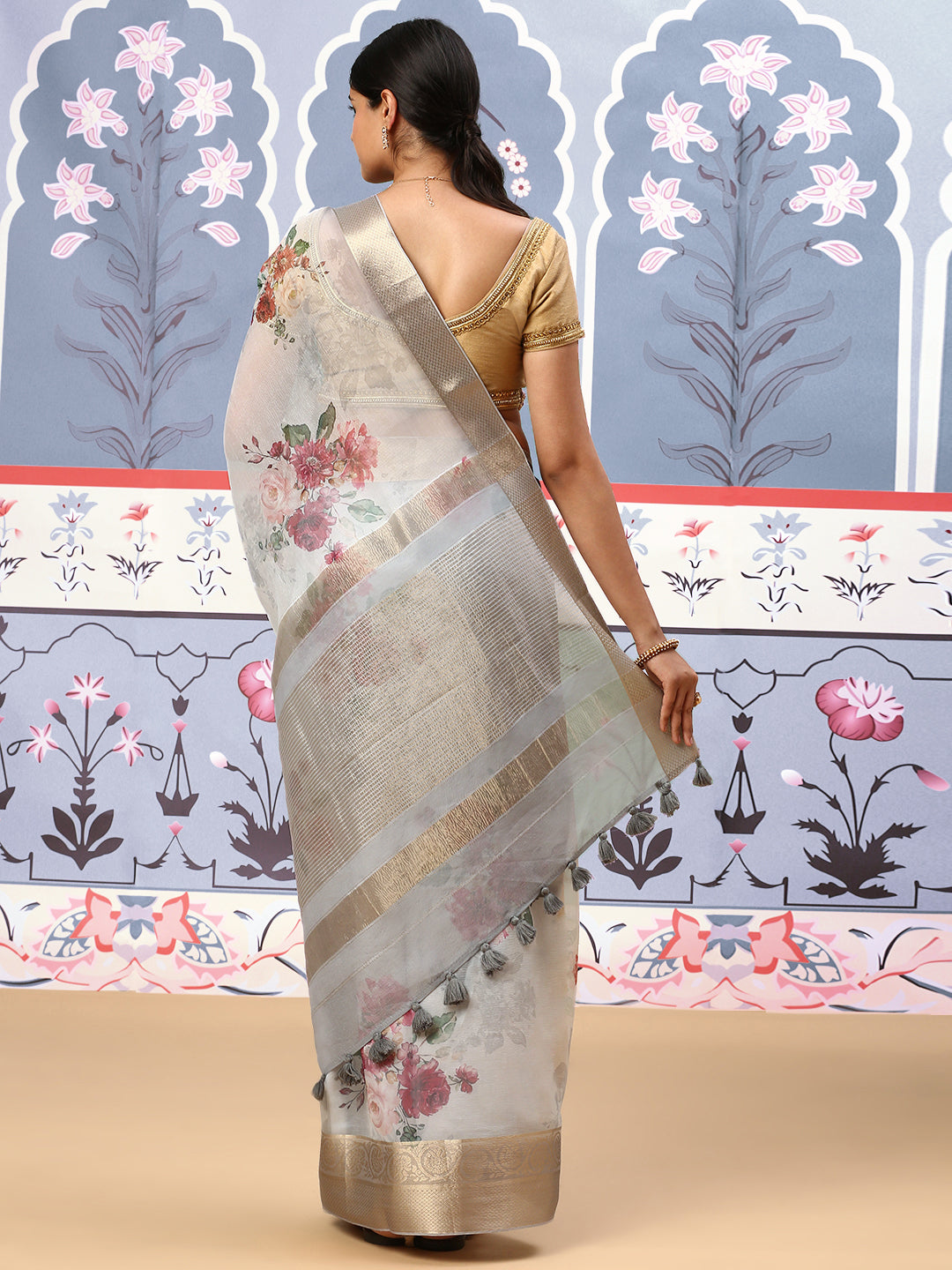 Women Semi Organza Printed Saree Grey SOS22