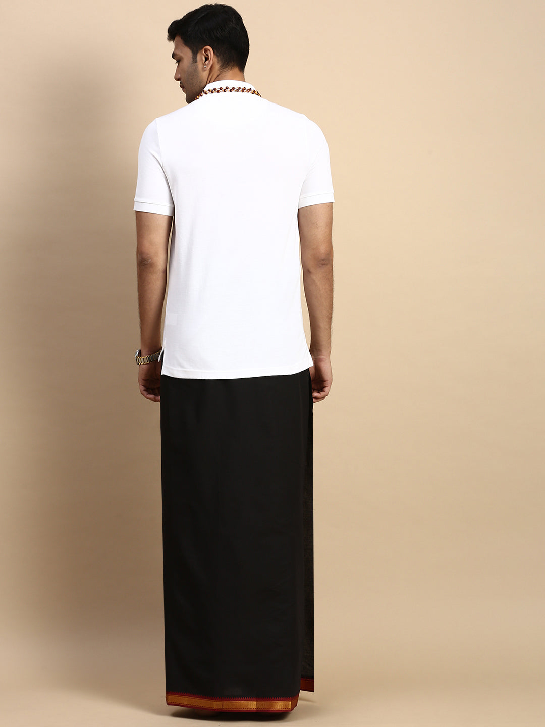 Men Devotional Mayilkhan Border Dhoti & TShirt Set Black EP1